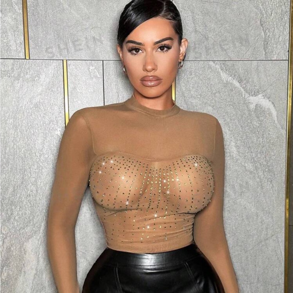 Mesh khaki long sleeve rhinestone top